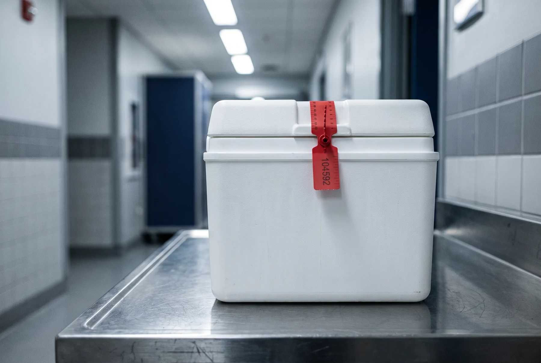 A sealed medical transport cooler with a numbered tamper-evident seal